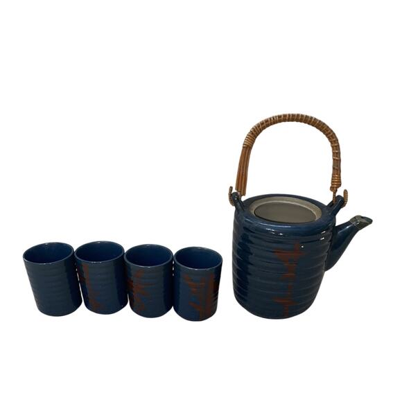 Vintage Otagiri OMC Stoneware Saki Cups Teapot Set of 4 Missing Top - Picture 1 of 12